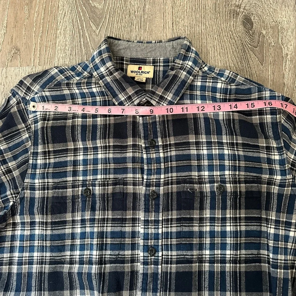 Woolrich‎ Flannel Men's 2XL XXL Blue Plaid Checkered Long Sleeve Button Up Shirt - Picture 8 of 14